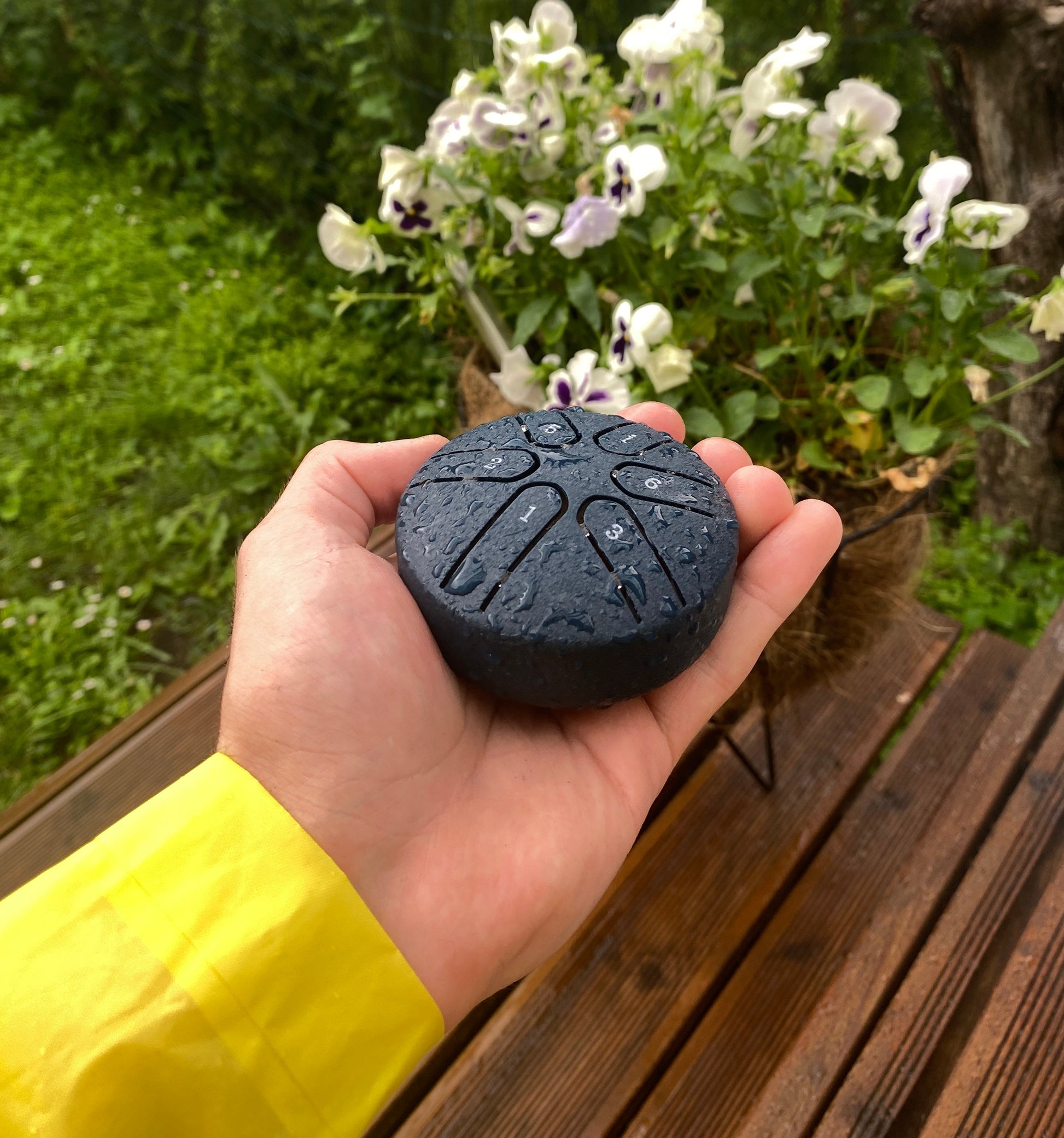 Chakra steel tongue drum 3 inch 6 tone in the rain
